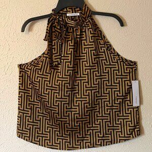 NWT Timing by Blush Boutique (Martha's Vineyd) sleeveless gold/navy print shirt